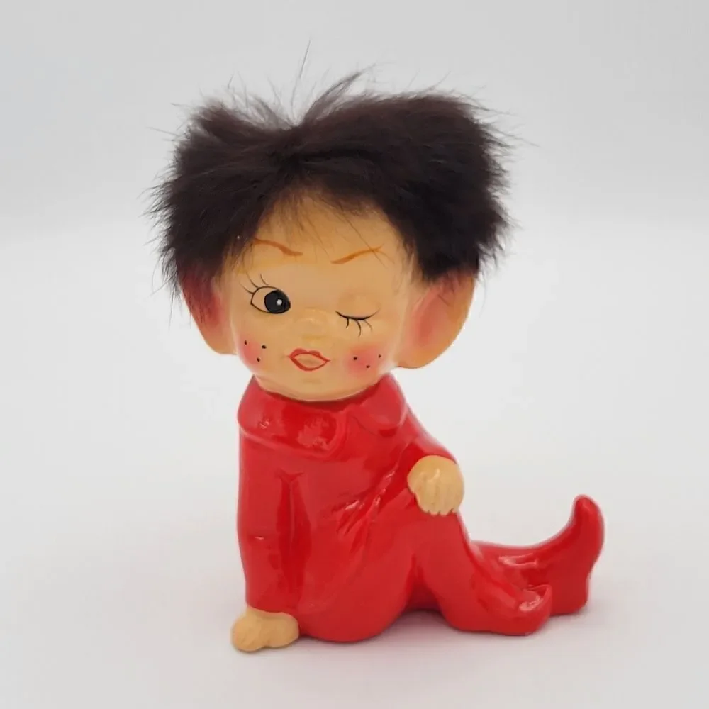 RARE Pristine 1950's Winking Red Pixie Elf Pointy Ear Real Fur Hair Figurine